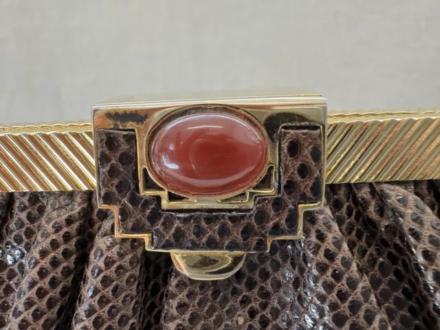 Judith Leiber Brown VTG Auth Karung Lizard Clutch handbag with gold accessories 3