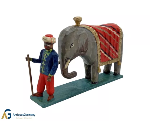Grulicher Krippenfigur, Elefant mit Treiber, Holz geschnitzt, >7 cm<  (# 16041)