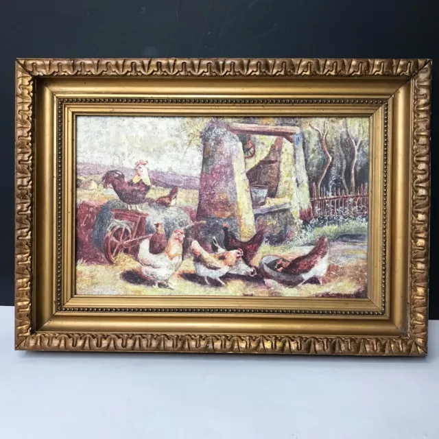 peinture COQ ET POULES basse cour non signé école XXe tableau ancien vintage