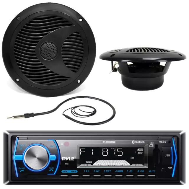 Black Pyle 1 DIN USB Marine AM FM Radio, Antenna, 6.5" Black Marine Speakers