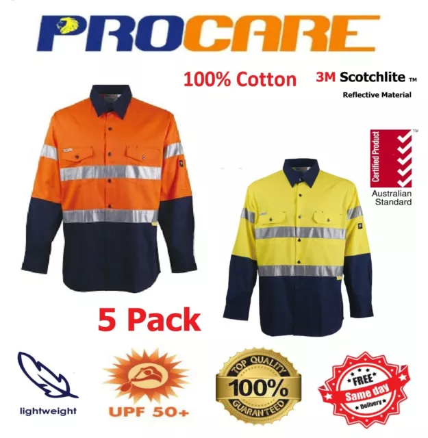 5 x Hi Vis Work Shirt + vents cotton drill ProCare CR 3M ref Tape Long Sleeves