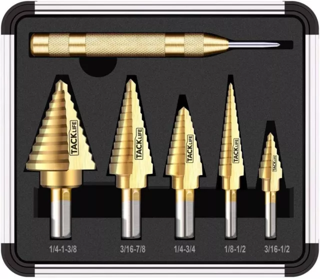 TACKLIFE HSS Step Drill Bit 5pcs+Automatic Center Punch 5-35/5-22/3-13/3-19/4-12