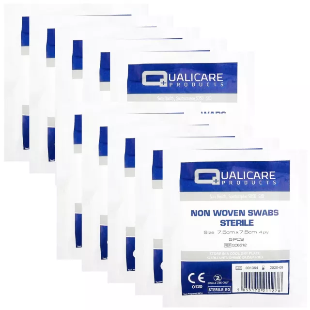 10 Pack Qualicare Non-Woven Sterile 4PLY Premium Gauze Swabs, 7.5cm x 7.5cm x 50