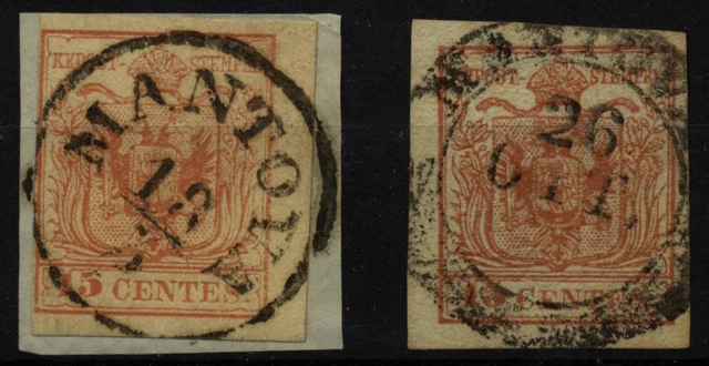 LOMBARDEI-VENETIEN 1850 15C, 3Y, und 15C, 3X, Verschiedene MANTOVA Stempeln.