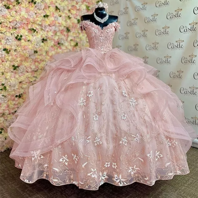 Coral Princess Quinceanera Dresses 3D Flowers Birthday Ball Gown Sweet 16 Dress