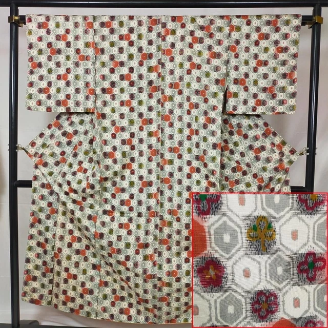 Japanese Antique Kimono robe doress Meisen  Flower and Tortoiseshell pattern 614