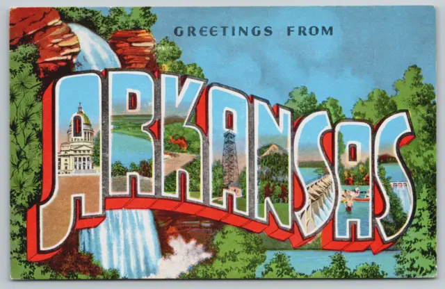 Postcard, Greetings From Arkansas, Large Letter, Linen, Unposted