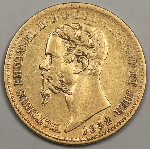 ITALY Sardinia 1852 P 20 Lire Gold Coin King EMANUALE II XF 0.1867 AGW KM#146