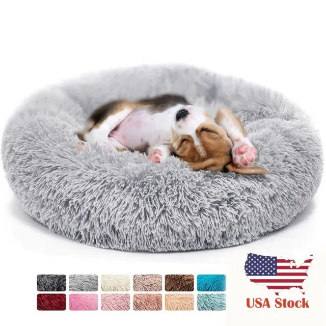 Soft Dog Cat Bed Winter Warm Long Plush Donut Pet Kennel Round Fluffy Cushion