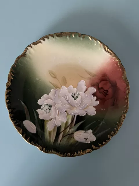 HAND PAINTED RICH BOLD GOLD FLORAL 9” PLATE GERMAN Germany Vintage White Flowers