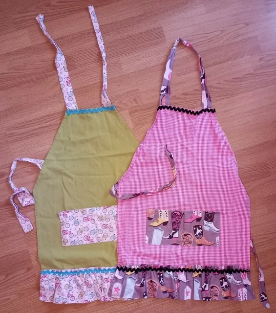 2 Bib APRONS Bicycle Cowgirl Cowboy Boots Ric-Rac Pockets Green Red Gingham