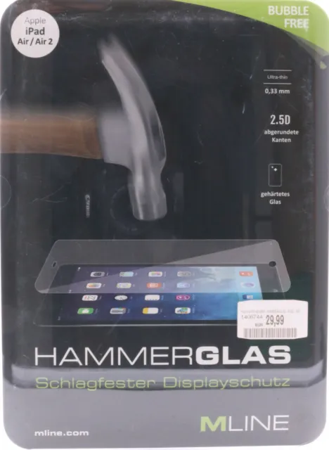 MLine Hammerglas Apple iPad Air Air 2 Schutz Glas 9h Bildschirm Display Schutz