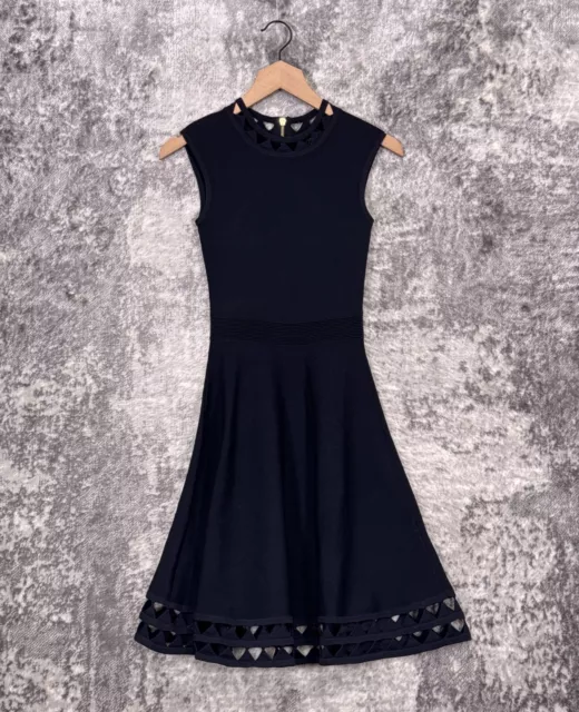 Ted Baker Dress 0 / 2XS Womens Blue Stretch Knit Laser Cut Fit Flare Skater