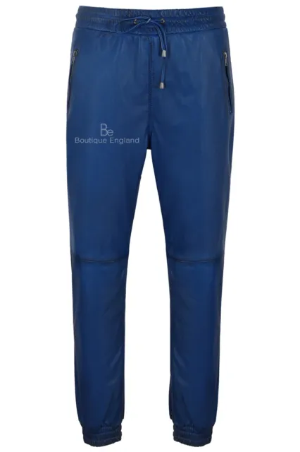 Men's Real Leather Trousers Blue Napa Sweat Track Pant Zip Jogging Bottom 3040