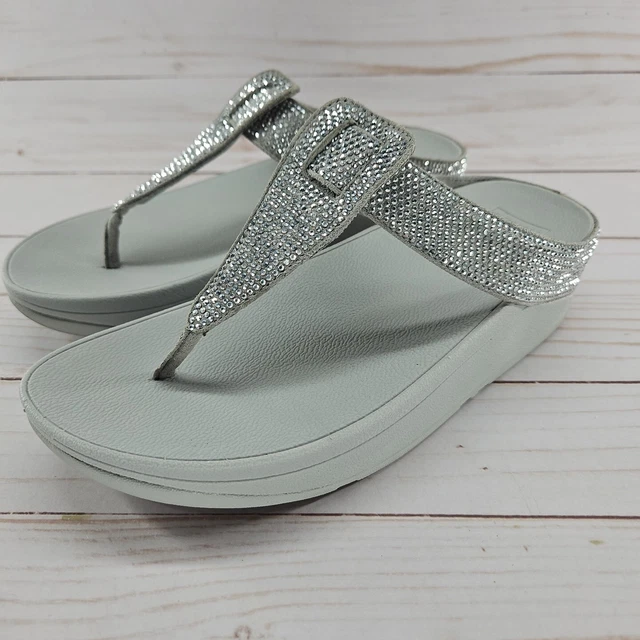 FitFlop Size 5 Silver Gray Isabelle Hotfix Jeweled Lulu Thong Comfort Sandal