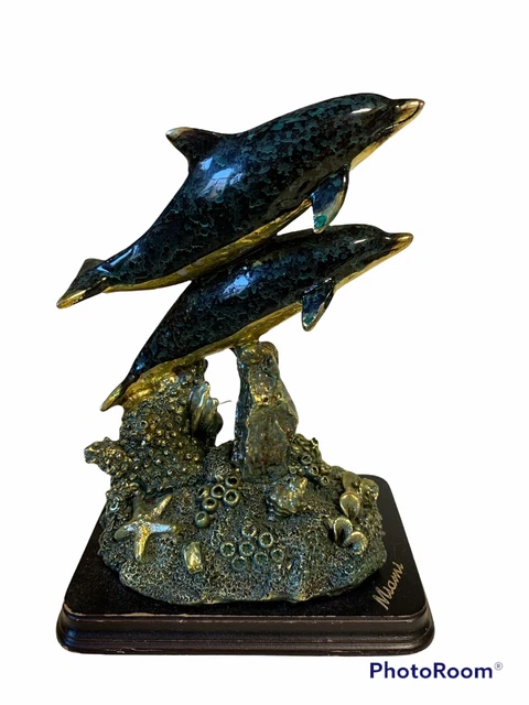 VTG Dolphin Porpoise Resin Figurine Tourist Souvenir Florida Miami Green Gold