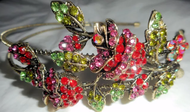 HAPACHICO LUPITA Headband Red Roses Flowers Gold Metal Rhinestones Green Pink