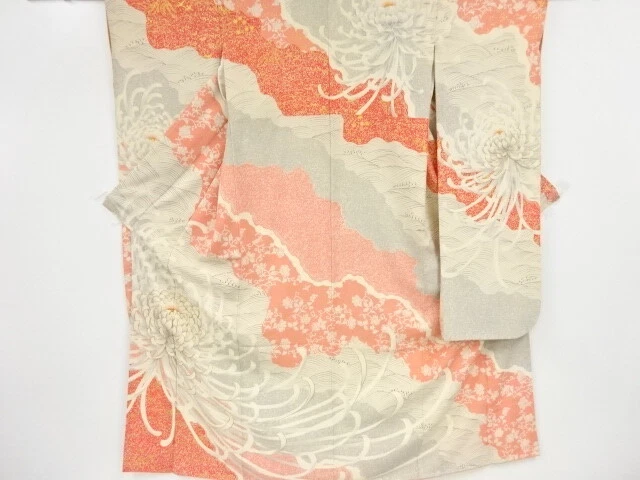 46817# Japanese Kimono / Antique Furisode / Embroidery / Kiku & Michinagador