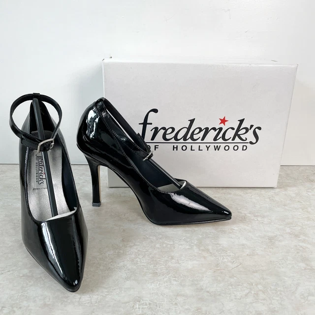 Fredericks of Hollywood Black Patent Ankle Strap 4” Stiletto Heels Size 6