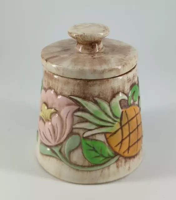 Ceramic Jar w/Lid Floral Fruit Raised Design Hand Painted Vintage Farm House