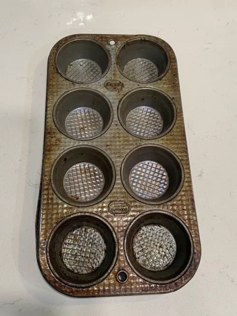 Vintage Ekco Ovenex 8 Mold Waffle Pattern Muffin Cupcake Pan Tin