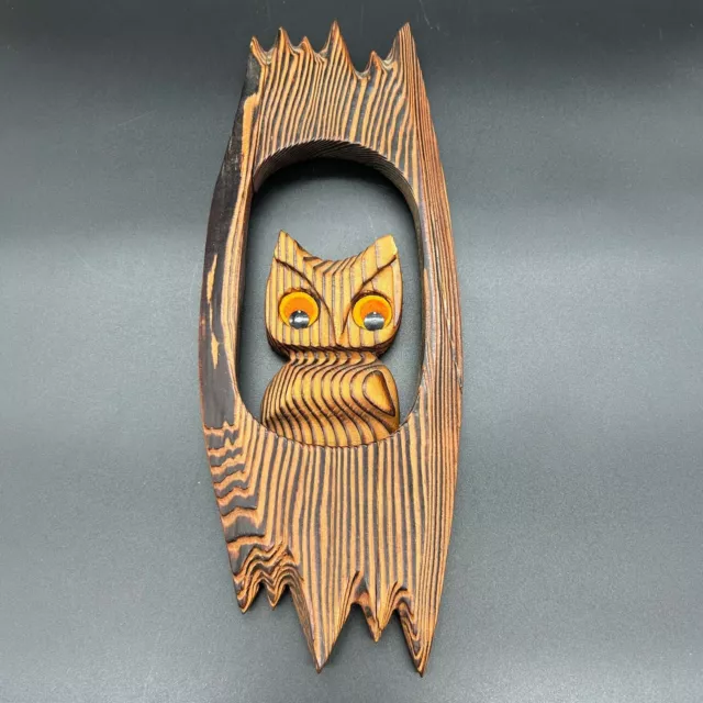 Cryptomeria Owl Wall Hanging Art Mid Century Carved Wood Retro Vintage Felt Eyes