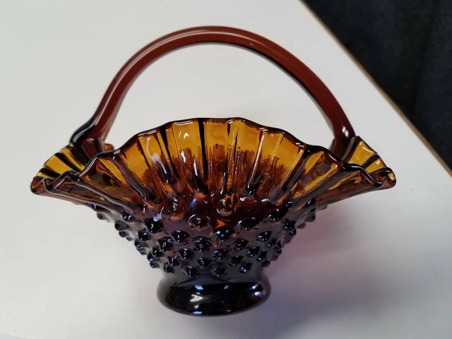 Vintage Fenton Hobnail Brown/Dark Amber Glass Basket/Applied Handle/Ruffle Crimp