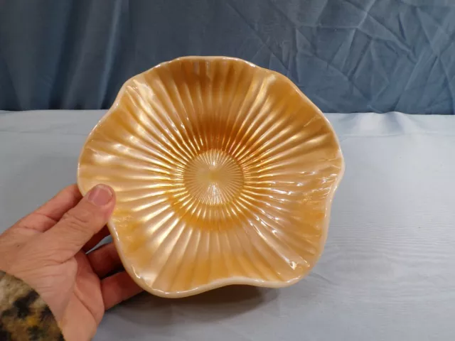 Westmoreland Smooth Rays Bowl - Marigold Iridescent Over Milk Glass CHIPPED BASE