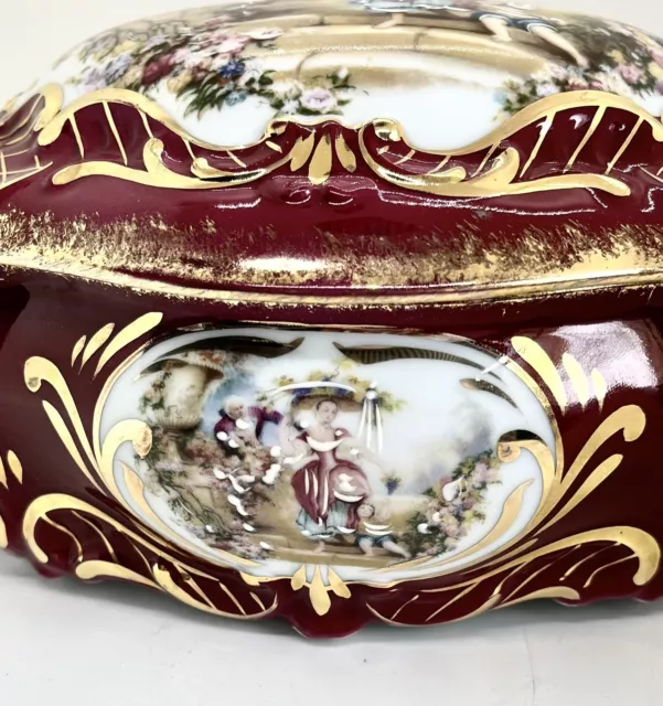 Rare  Limoges France Hand Painted  Bordeaux Red Gilt Jewellery Dresser Box 1988 3