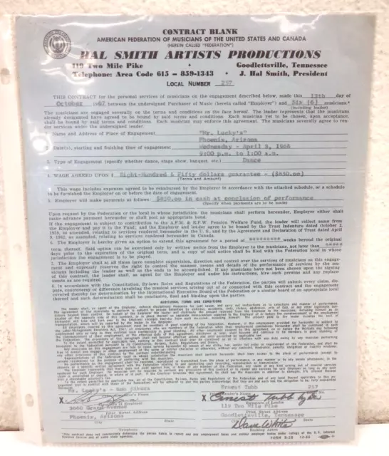 Ernest Tubb Signed Autograph Show Contract 1967 Phoenix, AZ Mr. Lucky's Country