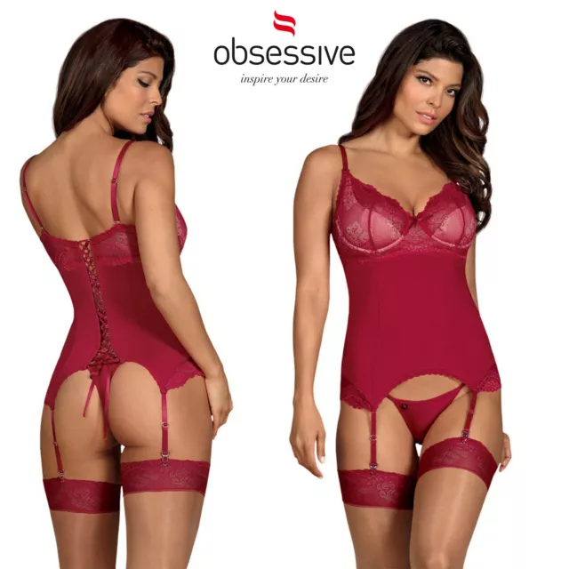 Obsessive Sexy Corsetto Reggicalze Rosso Aderente con Allacciatura e Pizzo