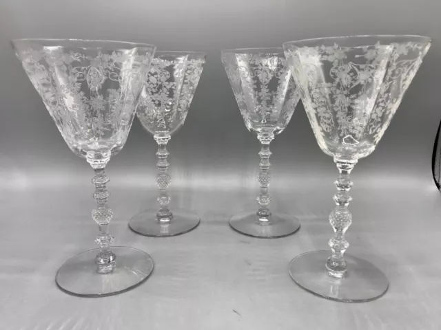 1940's Fancy Etched Water/Wine Goblets (4) Cambridge Clear Diane Glasses 10 oz