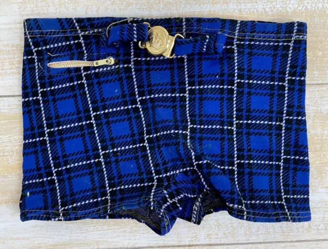 VTG 60s Boys 6 Swim Shorts Blue Plaid Nylon Stretch Bathing Suit w/Zip Pocket