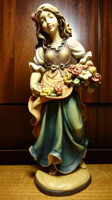 Vtg 12" Wood Hand Carved Dancing Girl Woman Bouquet Of Flowers Figure Statue