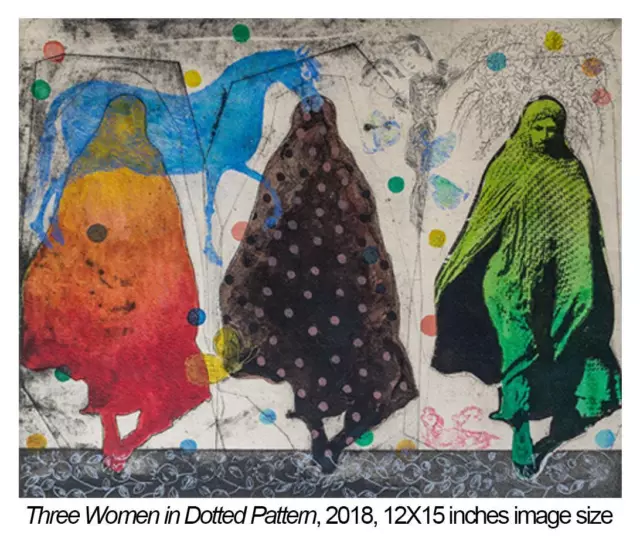 Iranian / American Nahid Hagigat Etching title " Three Women in Dotted Pattern"
