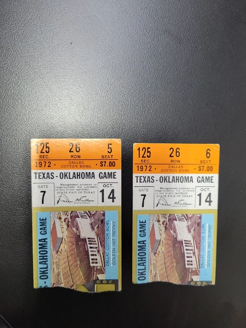 2 Football Ticket Stubs Texas Longhorns 0 Vs Oklahoma Sooners 27 Oct 14, 1972