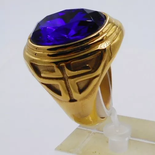 MEN RING BLUE SAPPHIRE STAINLESS STEEL YELLOW GOLD CROSS CHRISTIAN POPE SIZE 8 b