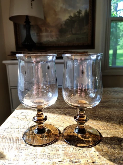 Vintage Pair of Libbey Glass 1970s Tulip  Brown  Wine Glass 6" Tall