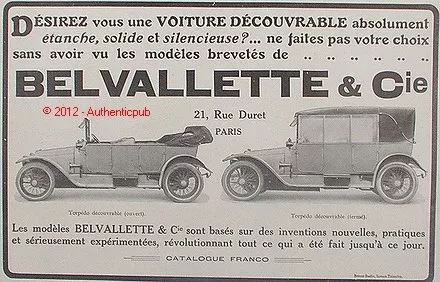 Publicite Belvallette & Cie Torpedo Voiture Decouvrable De 1913 French Ad Car