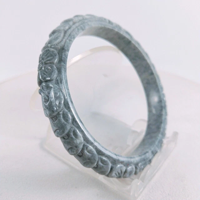 Genuine Jade Natural 58mm Hand Carved Flowers Jadeite Bangle Gray Grade A Burma