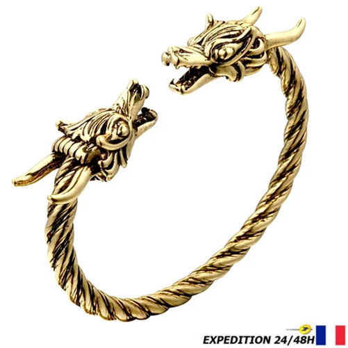 Bracelet Viking Tête De Dragon En Zinc Et Acier - Finition Antique, Longueur Ajustable - Neuf Sans Emballage