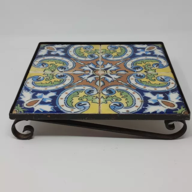Mexico SEASA Colorful Blue Yellow Tile Trivet Hot Plate Wrought Iron Stand