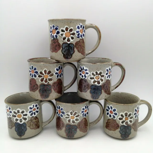 Vintage Otagiri Style Mugs Set of 6 Dimensional Flowers Leaves Speckled Gray
