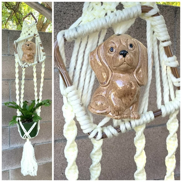 Kitschy Ceramic Dog Macrame Plant Holder 70s vintage large plant hanger puppy