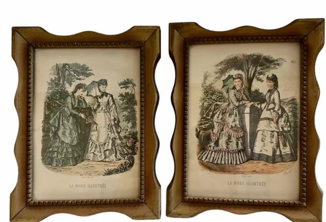 Antique  Set of 2 La Mode Illustree Paris Fashion Plate Prints Litho Wood Framed