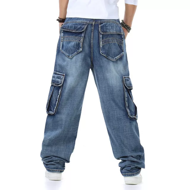 Men's Hip-Hop Jeans Denim Cargo Pants Baggy Wide Leg Trousers Skateboard Pocket