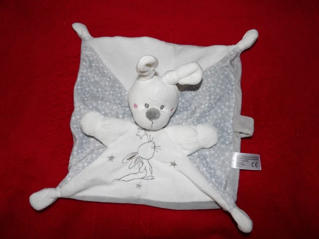 Doudou Plat Attache Tétine SIMBA Lapin Gris Blanc Oreilles Nouées Neuf