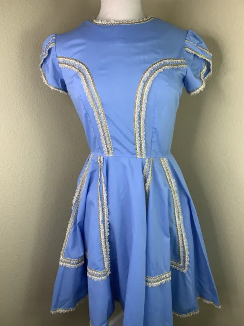 Vintage Square Dance Dress Outfit 36" Bust 28 Waist Blue W/ Gold Trim Hand Made