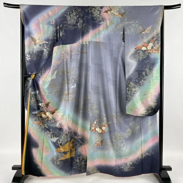 Japanese Kimono Furisode Pure Silk With Signature Chrysanthemum Gold Paint