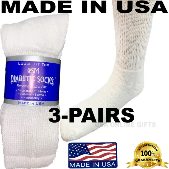 BEST QUALITY CRESWELL 3 Pairs White Diabetic Crew Socks 9-11 Size Made ...